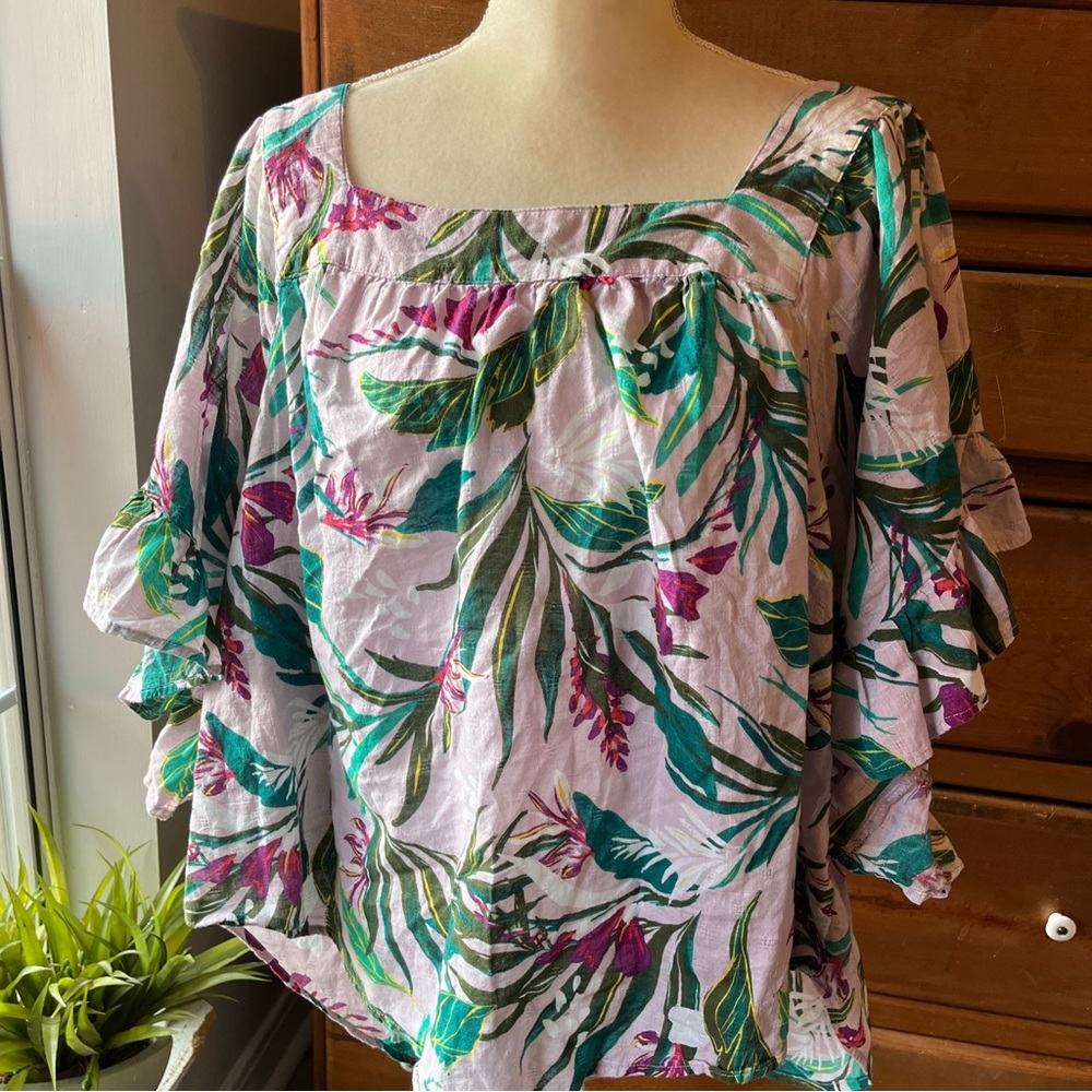 Terra & Ski 3X Top Square Neck Ruffled Sleeves Purple & Green Floral